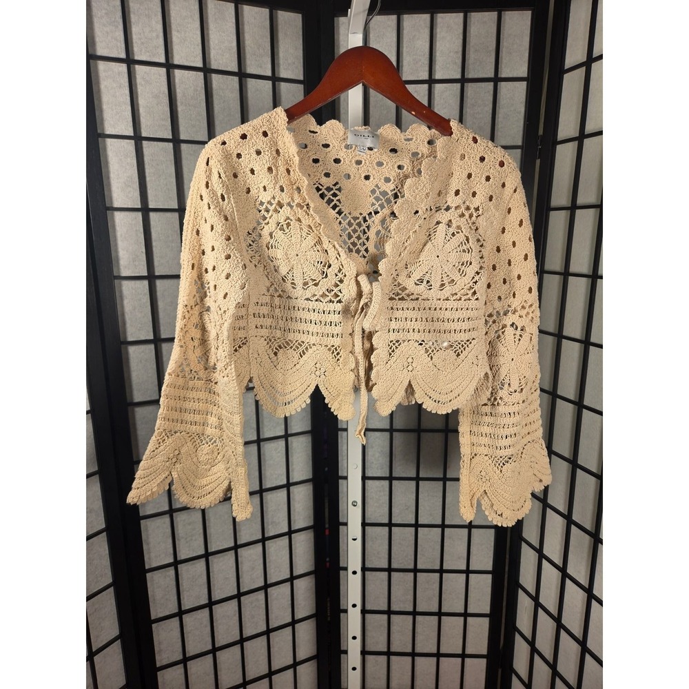 Gilli Cream Crochet Cardigan Cropped Boho Floral Tie Front Shrug Beige S/M